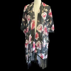Black Floral Print Cover Up w/ Fringe Hem